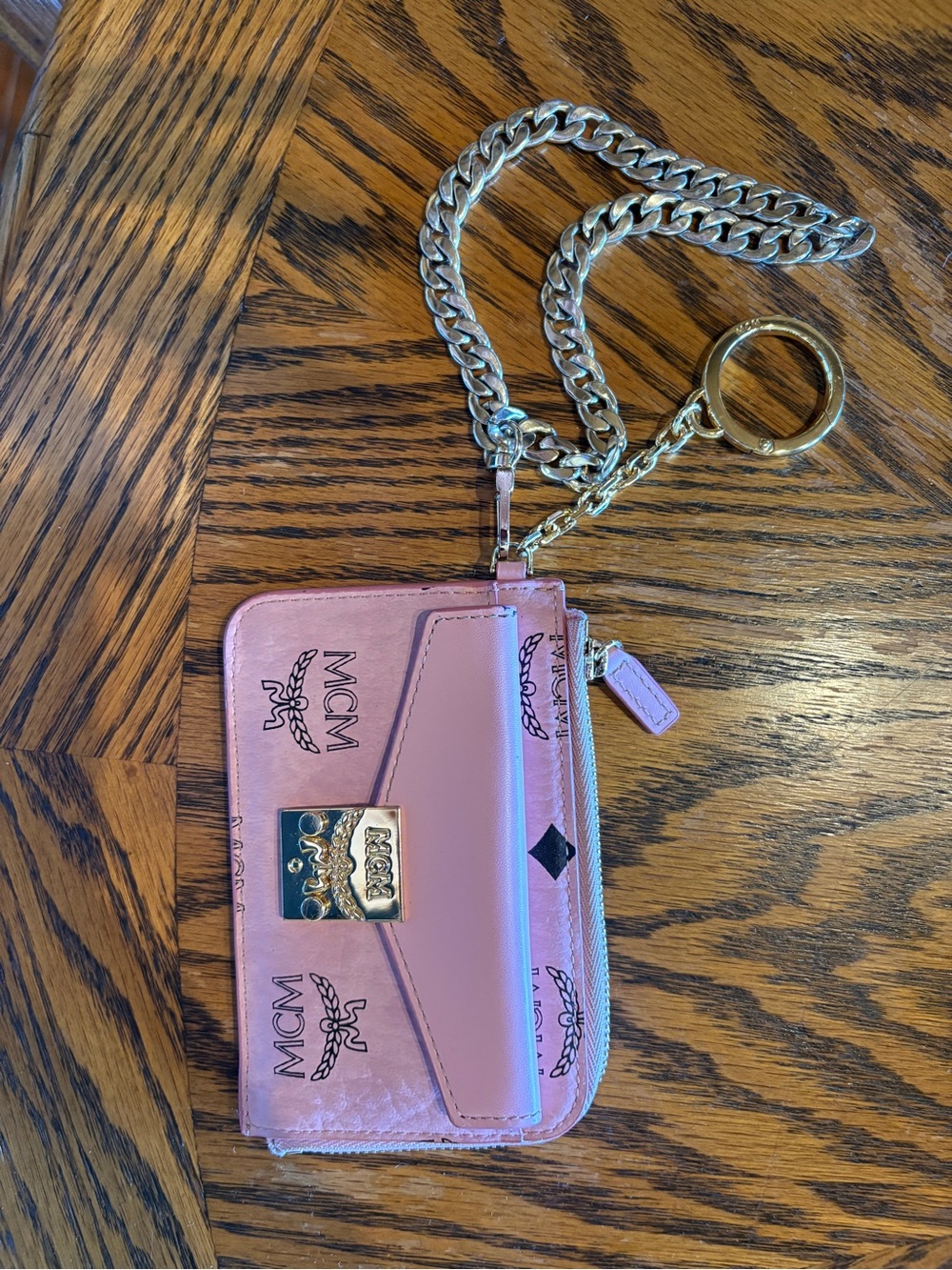 MCM Card Holder Wallet w/ Chain & Keyring – Pink (Excellent Condition)